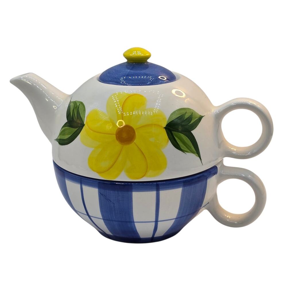 Blue Floral Hand Painted Ceramic Stacking Tea For One Teapot Cup Set Vintage